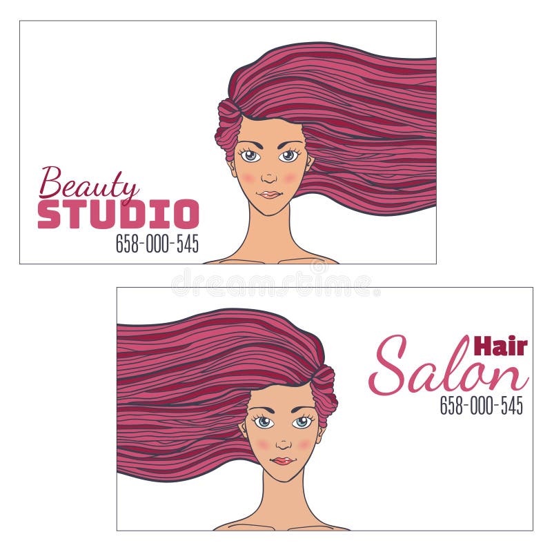 Beauty hair Studio Business Card with a picture of a beautiful girl with developing hair. Empty space for your text. Vector illust