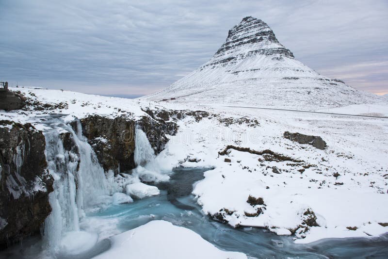 Beauty Kirkjufell mountain with water falls at winter, Iceland royalty free stock images Beauty Kirkjufell mountain with water falls at winter, Iceland royalty free stock images