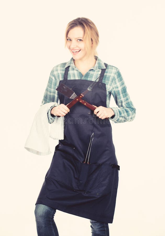 Beauty on the Kitchen. Pretty Girl in Chef Apron. Woman Hold Kitchen ...