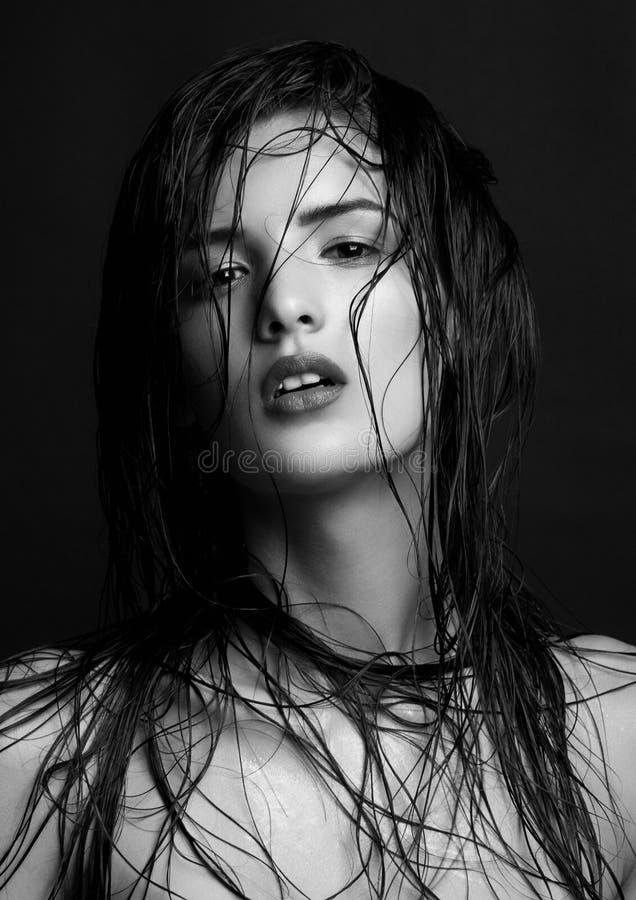 Beauty makeup wet hair fashion model red lips