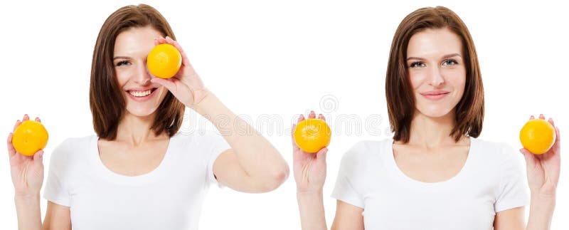 Beauty Model Girl takes Oranges. Professional make up. Orange Slice. Beauty, cosmetics and fashion concept royalty free stock photography Beauty Model Girl takes Oranges. Professional make up. Orange Slice. Beauty, cosmetics and fashion concept royalty free stock photography