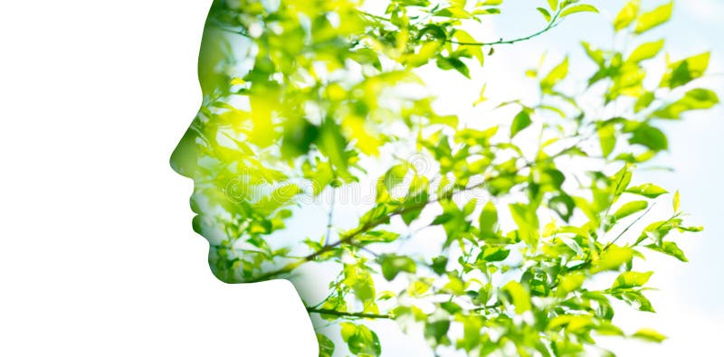 Double exposure woman profile with tree foliage