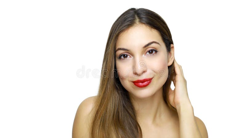 Beauty portrait of female face with natural skin and red lipstick royalty free stock image Beauty portrait of female face with natural skin and red lipstick royalty free stock image