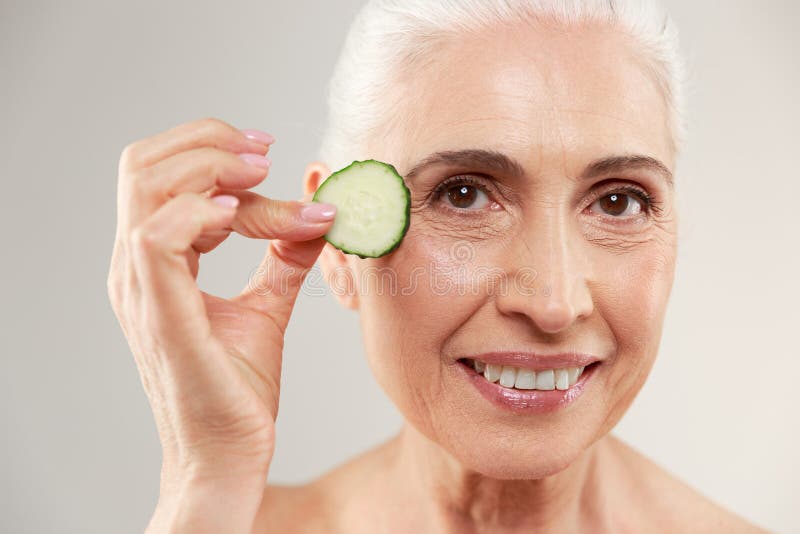 Beauty Portrait Of A Smiling Half Naked Elderly Woman Stock Image 