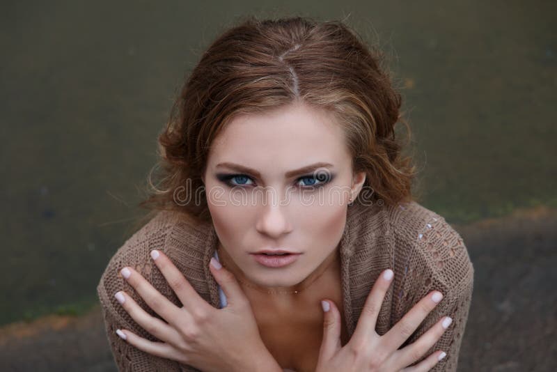 Beauty Portrait Of Young Blonde Woman With Blue Smokey Eyes Make Stock 