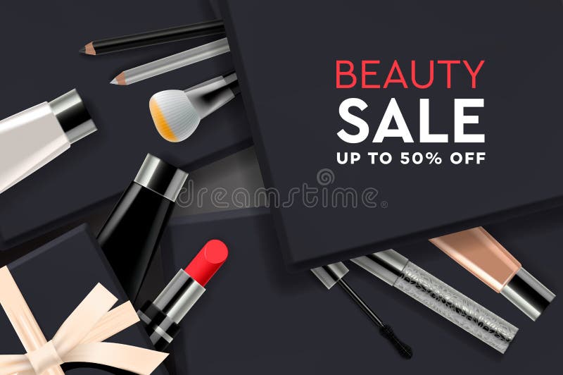 Beauty Sale Poster with Cosmetic Products, Boxes, Ads Streamers. Modern Design Vector Illustration Concept for Stock - Illustration of luxury, sale: 140357377