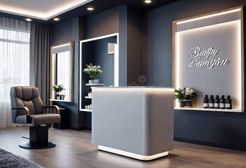 Salon de înfrumusețare cu podium și suport pentru produse, un frumos salon de înfrumusețare gri pentru design vector illustration