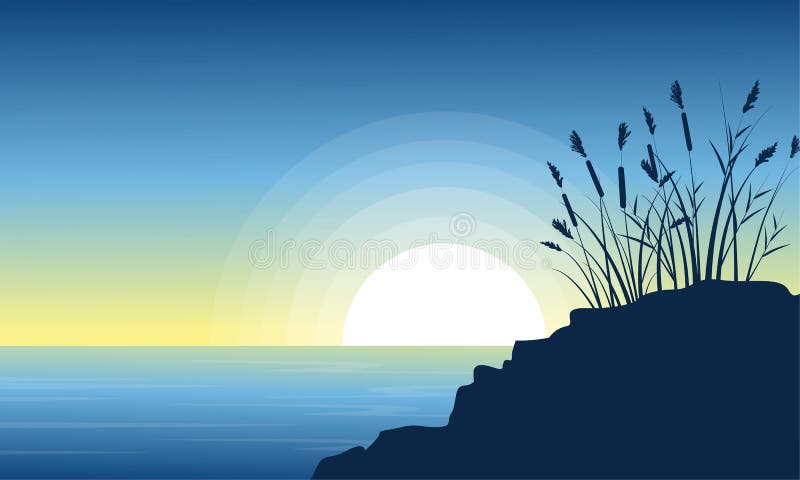 Beauty Scenery Lake With Coarse Grass Silhouettes Stock Vector
