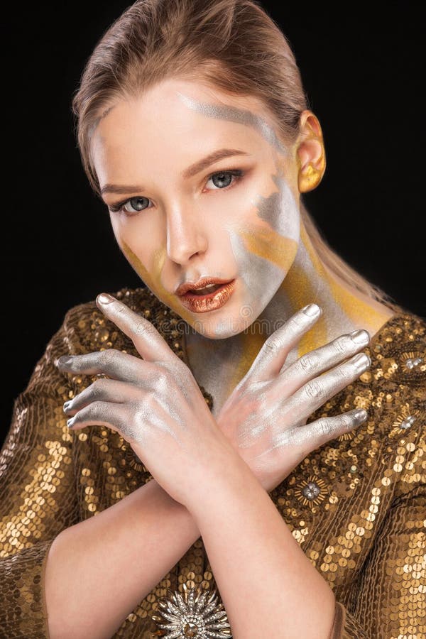 Beauty Shoot Of Fashionable Blonde Lady With Creative Makeup And Stock