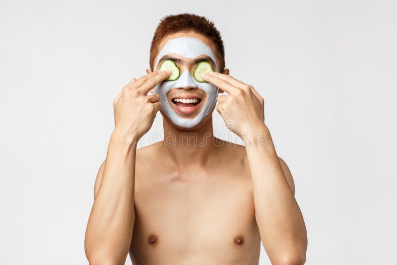 Beauty Skincare And Spa Concept Portrait Of Enthusiastic Relaxed Asian Naked Man Enjoying