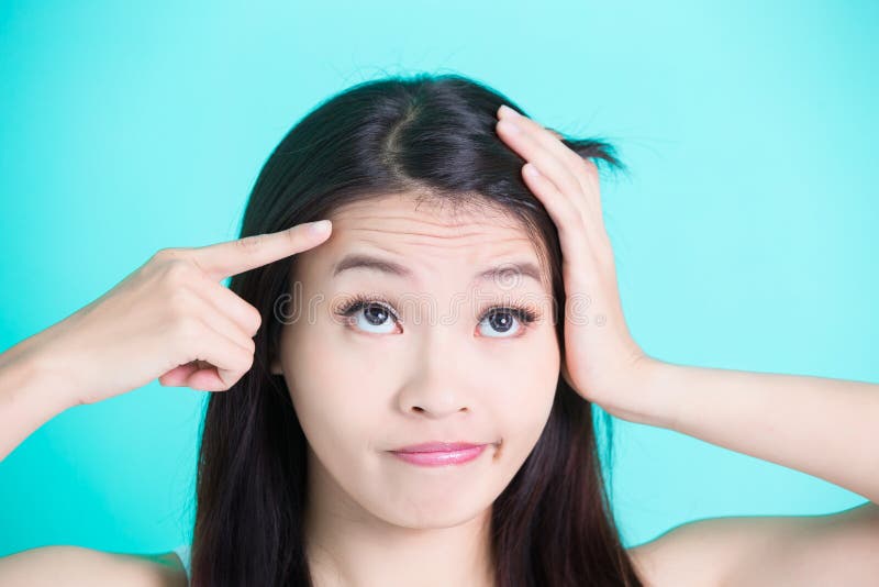 Beauty skincare woman with wrinkle problem on green background. Problem wrinkle stock images, royalty-free photos and pictures