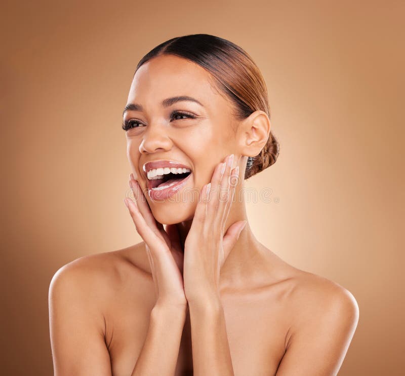 Premium Photo  Skincare smile and body cosmetics woman happy and on brown  studio background for body health makeup female luxury care and girl touch  with natural beauty clear and smooth skin