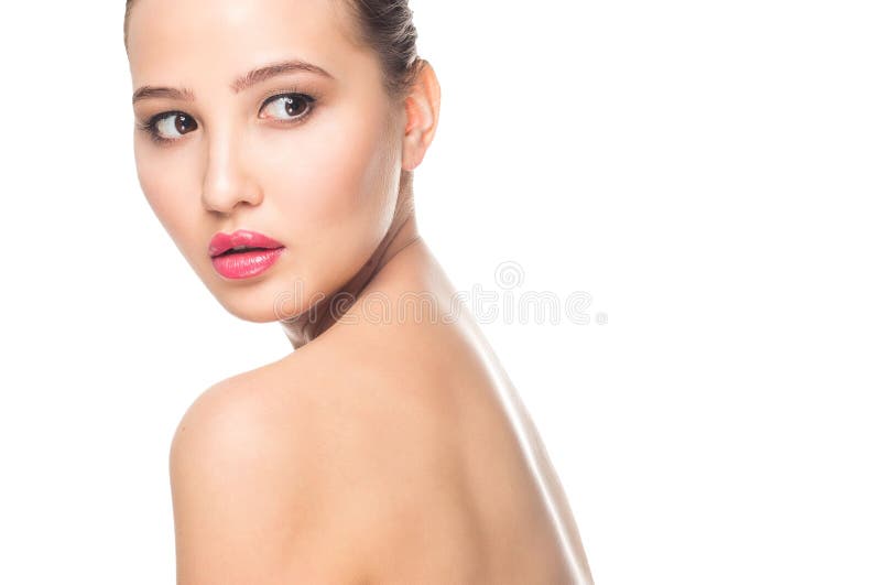 Beauty spa woman with perfect skin portrait. Beautiful brunette spa girl on white background. Skin care, youth, make up royalty free stock photo Beauty spa woman with perfect skin portrait. Beautiful brunette spa girl on white background. Skin care, youth, make up royalty free stock photo