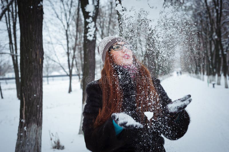 Beauty Winter Girl Blowing Snow in Frosty Winter Park Stock Photo ...