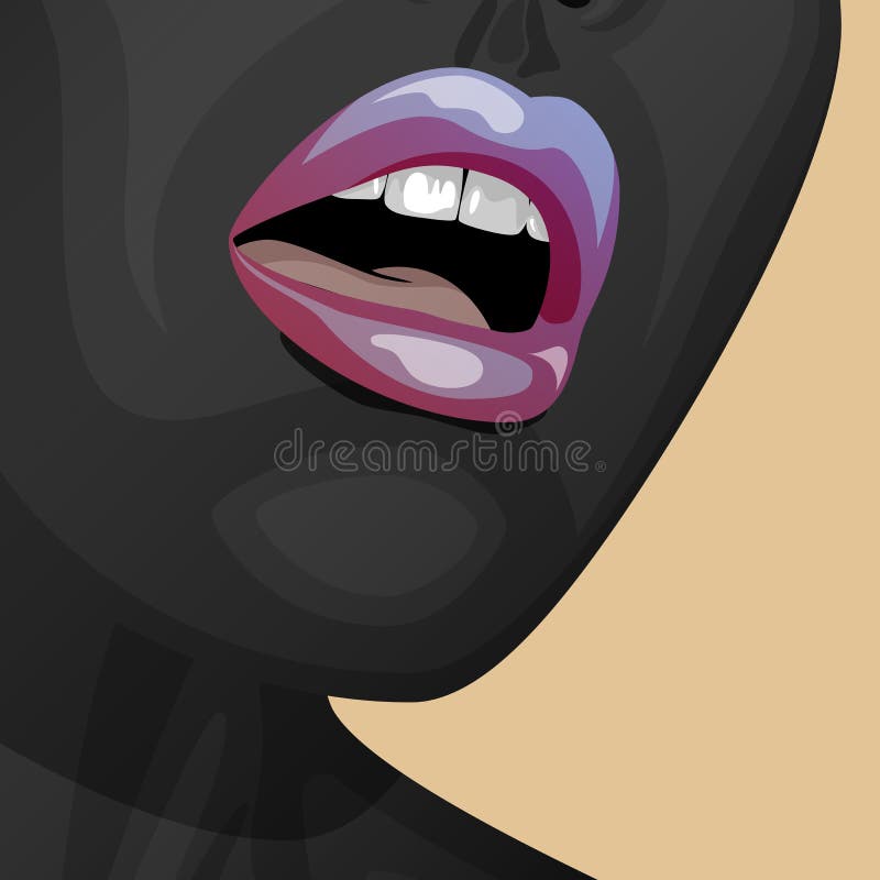 Beauty Woman Face with open Mouth. Black Paint on her Skin, pink and blue shiny Lips and perfect white Teeth. Beauty Woman Face with open Mouth. Black Paint on her Skin, pink and blue shiny Lips and perfect white Teeth