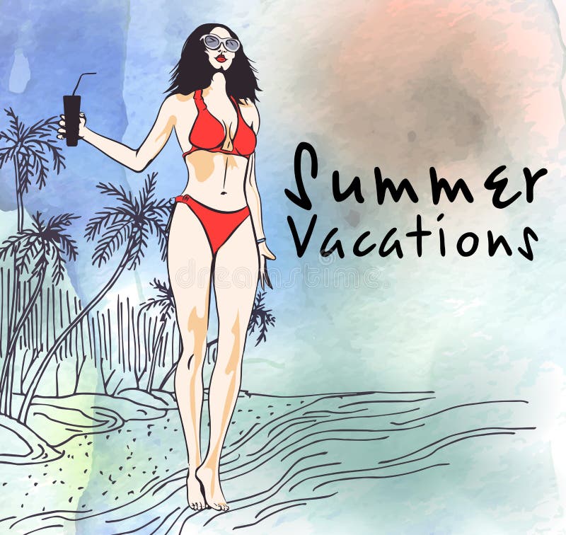 Beauty woman on ocean palm trees beach, hand drawn. Watercolor paper background. Vector image royalty free illustration Beauty woman on ocean palm trees beach, hand drawn. Watercolor paper background. Vector image royalty free illustration