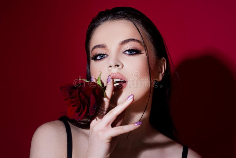 Beauty Woman With Red Rose Fashion Girl Face With Rose In Hand Red