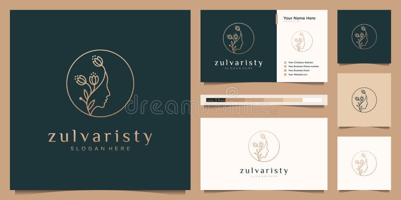 Beauty Woman`s Face Flower With Line Art Style Logo And Business Card