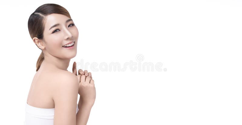 Beauty Young asian woman met perfecte gelaatshuid Gestures voor de behandeling van reclame en cosmetologie op witte banner