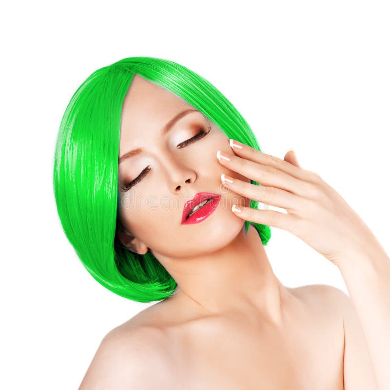 Beauty young woman with luxurious green hair. Girl with fresh sk