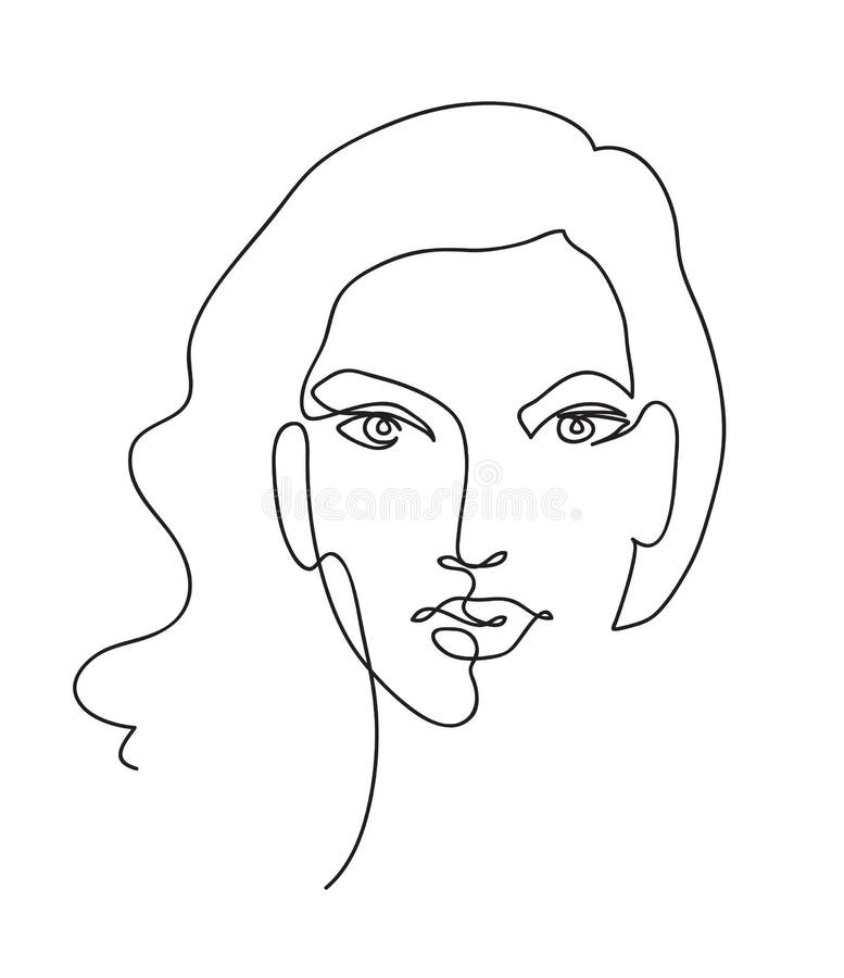 Beautyfull girl face. Attractive young woman portrait female beauty concept. Continuous line drawing. Black and white vector