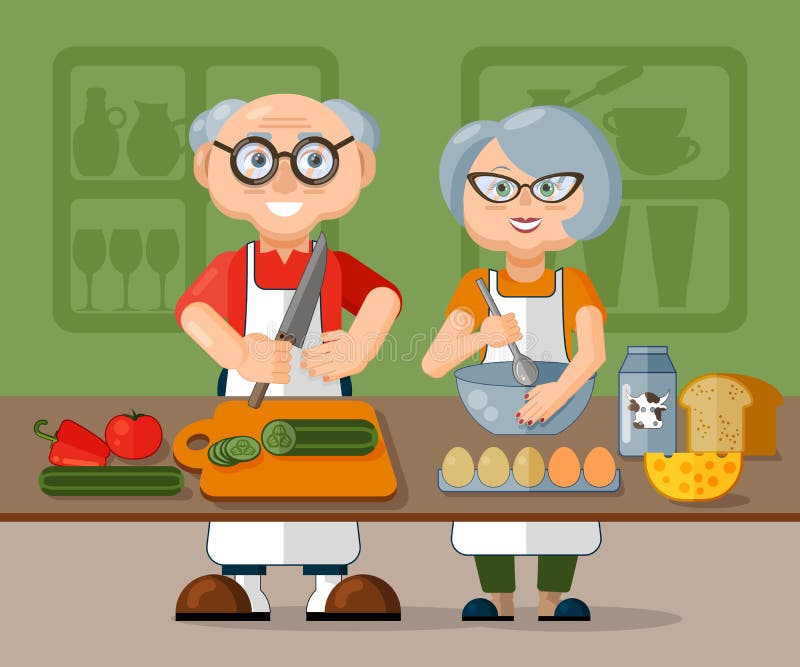 Beaux couples pluss âgé de famille dans les tabliers faisant cuire le petit déjeuner frais sain de matin dans la cuisine ensemble illustration de vecteur Beaux couples pluss âgé de famille dans les tabliers faisant cuire le petit déjeuner frais sain de matin dans la cuisine ensemble illustration de vecteur