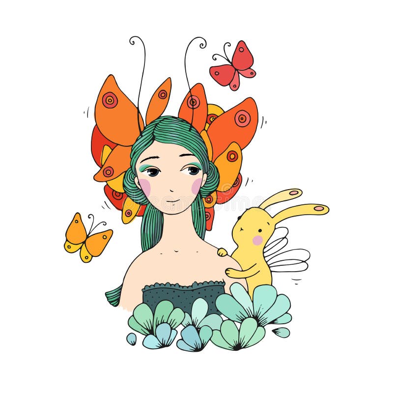Beaux jeune fille, papillons et lièvres illustration de vecteur Beaux jeune fille, papillons et lièvres illustration de vecteur