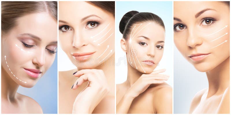 Beaux, sains et jeunes portraits femelles Collage de différents visages de femmes Levage de visage, soins de la peau, chirurgie p photos libres de droits Beaux, sains et jeunes portraits femelles Collage de différents visages de femmes Levage de visage, soins de la peau, chirurgie p photos libres de droits