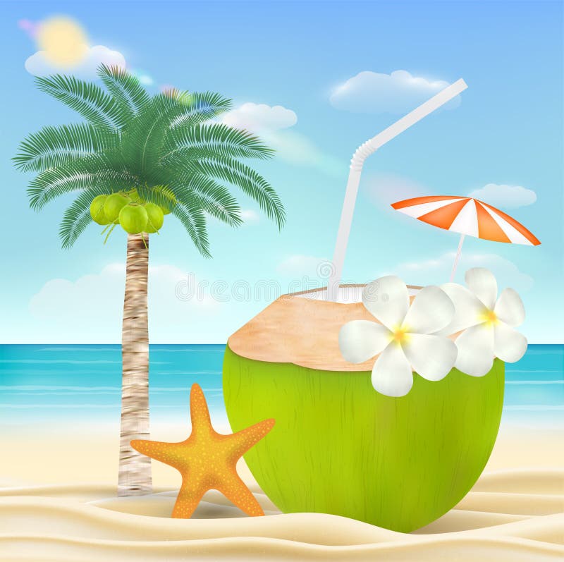 adesivo estilo Olá verão Fonte com guarda-chuva, coco bebida, coquetel, bola,  balde cheio do areia e de praia cadeira em amarelo raios fundo. 20744448  Vetor no Vecteezy
