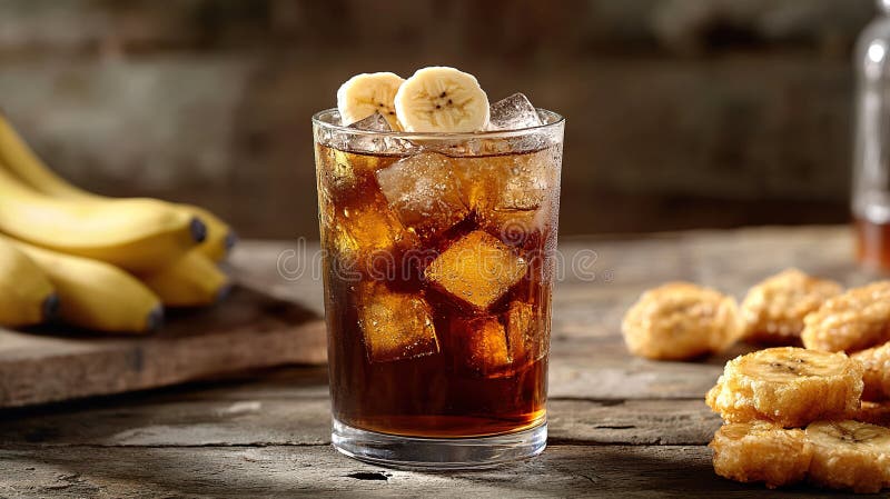 Refresco de cola con plátano helado y chips de plátano fritos fotos de archivo
