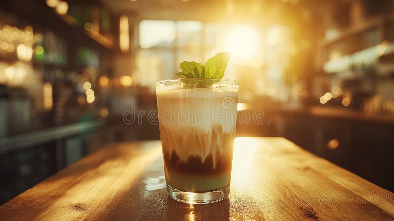 Bebida verde y fresca con hielo colocado en un cristal frente a una escena ligeramente iluminada que resalta su color brillante y foto de archivo