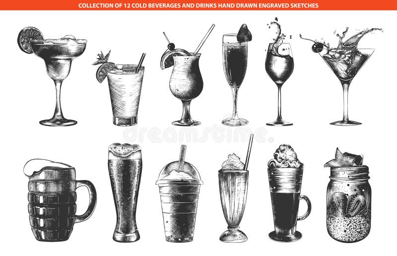Vector engraved style cold beverages and cocktails collection for posters, decoration and menu, logo. Hand drawn monochrome sketches isolated on white background. Detailed vintage woodcut drawing. Vector engraved style cold beverages and cocktails collection for posters, decoration and menu, logo. Hand drawn monochrome sketches isolated on white background. Detailed vintage woodcut drawing