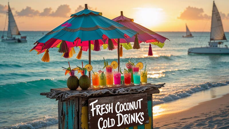 Bebidas frías exóticas y cocos frescos en la playa tropical al atardecer libre illustration