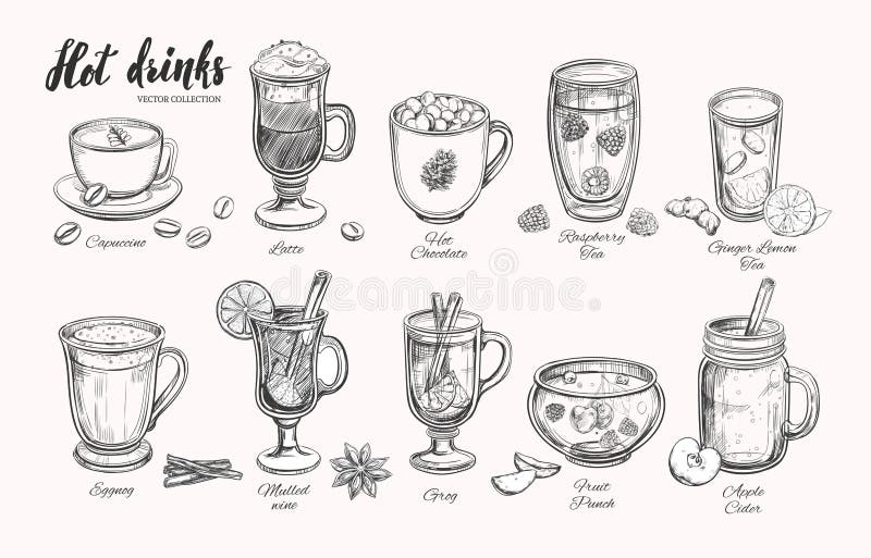 Bebidas quentes Coleção do inverno do Natal do vetor Bebidas diferentes no estilo do esboço O café, chá, ferventou com especiaria ilustração royalty free Bebidas quentes Coleção do inverno do Natal do vetor Bebidas diferentes no estilo do esboço O café, chá, ferventou com especiaria ilustração royalty free