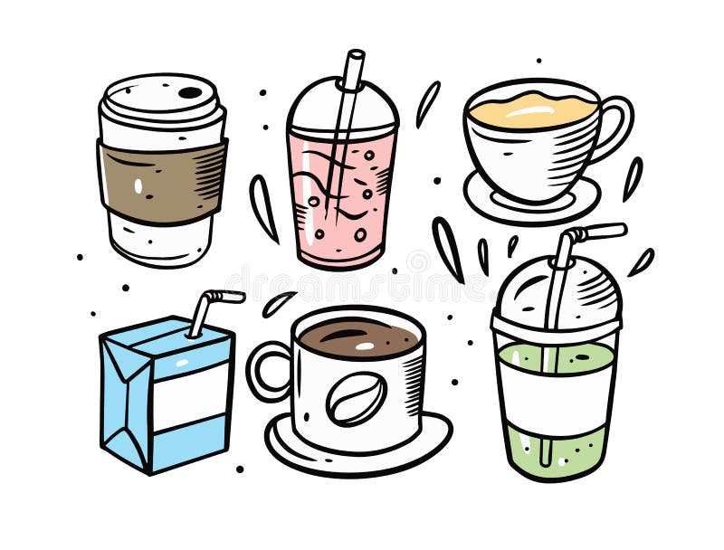 Bebidas Tazas Y Tazas. Dibujos Animados Doodle Estilo Elementos.  Ilustración del Vector - Ilustración de alimento, prueba: 204872772