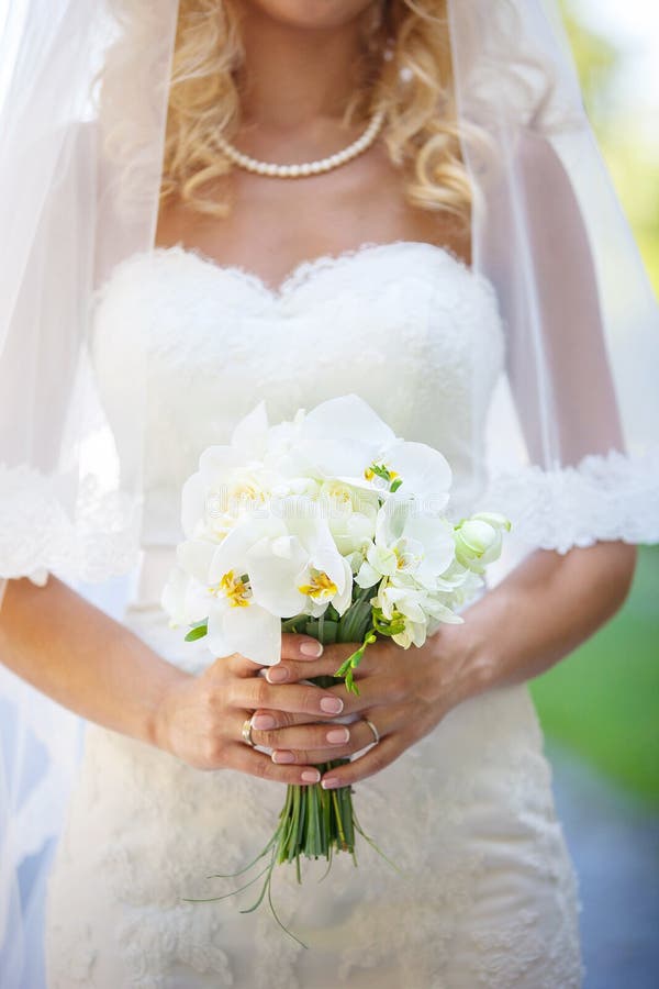 Bebouwde mening van de elegante bloemen van de bruidholding stock afbeelding Bebouwde mening van de elegante bloemen van de bruidholding stock afbeelding