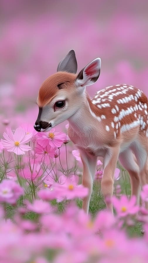 Bebè sika cervi fra i fiori rosa creando atmosfera serena illustrazione vettoriale
