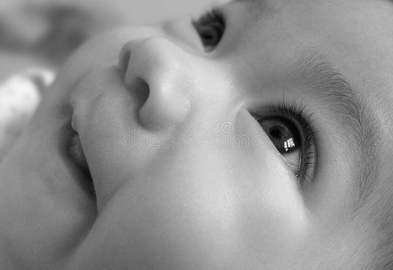 Black and white portrait of smiling baby girl looking up. Black and white portrait of smiling baby girl looking up.