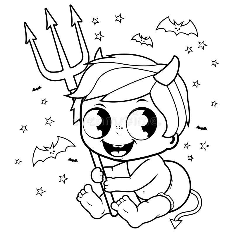 Bebé lindo en traje del diablo de Halloween Página blanco y negro del libro de colorear ilustración del vector Bebé lindo en traje del diablo de Halloween Página blanco y negro del libro de colorear ilustración del vector
