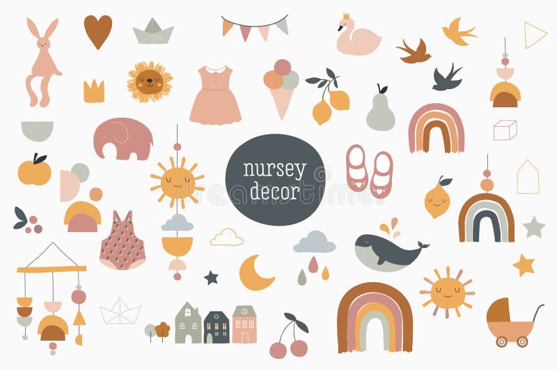 Bebé, niños, elementos de los niños en estilo moderno simple, limpio Perfeccione para la decoración del cuarto de niños, diseño d libre illustration