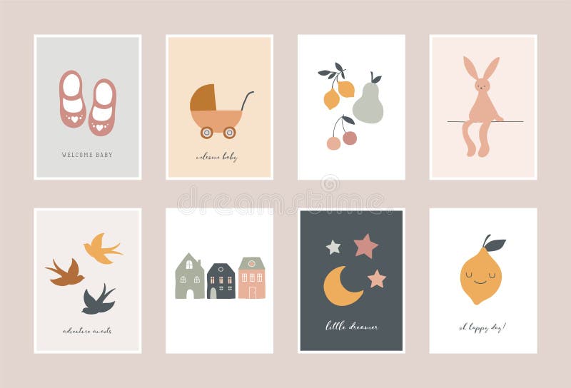 Bebé, niños, tarjetas de los niños, carteles en estilo moderno simple, limpio Perfeccione para la decoración del cuarto de niños libre illustration