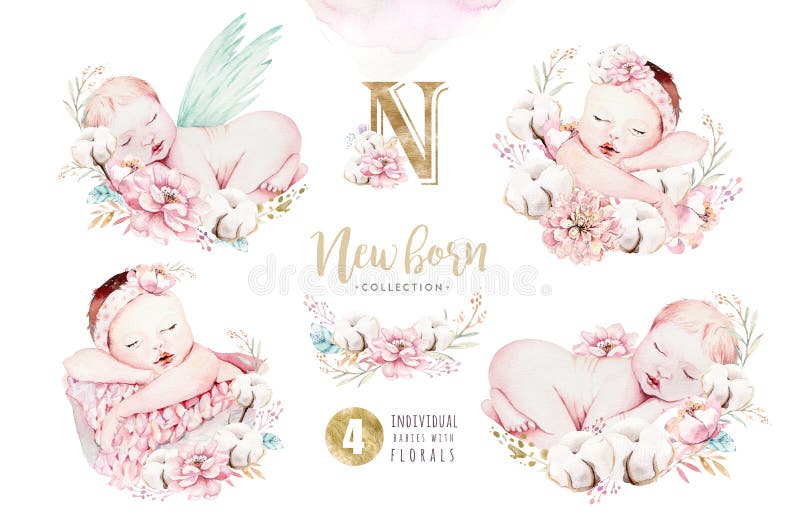 Bebé recién nacido lindo de la acuarela Pintura de la muchacha y del muchacho del ejemplo del niño recién nacido Pintura aislada stock de ilustración