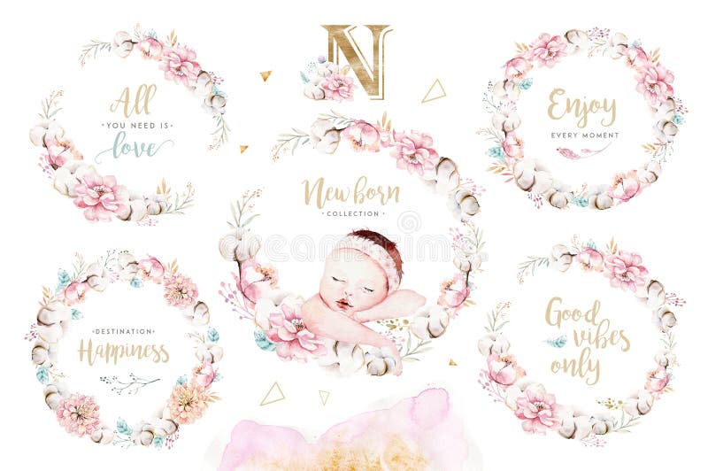 Bebé recién nacido lindo de la acuarela Pintura de la muchacha y del muchacho del ejemplo del niño recién nacido Pintura aislada stock de ilustración