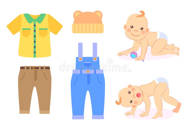 Bebé y ropa a llevar, niño en el pañal aislado stock de ilustración Bebé y ropa a llevar, niño en el pañal aislado stock de ilustración