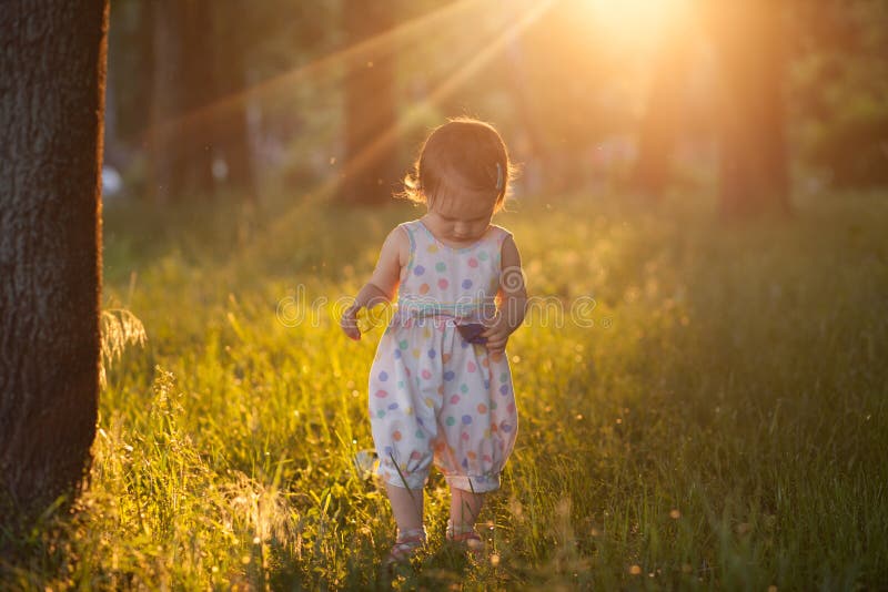 Bebê de passeio em luzes do por do sol imagens de stock Bebê de passeio em luzes do por do sol imagens de stock