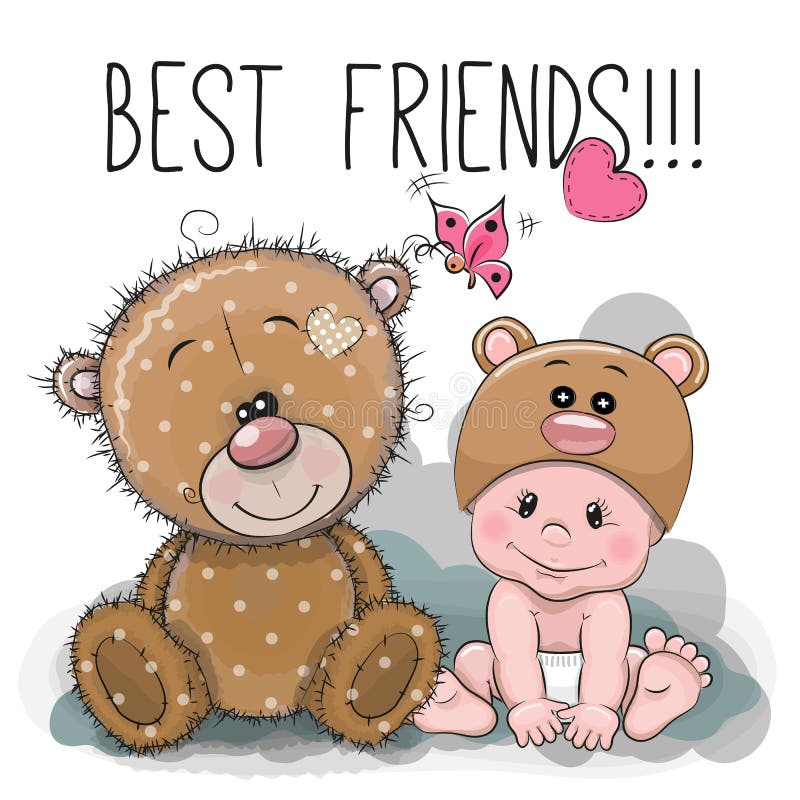 Bebê dos desenhos animados em um chapéu e em um Teddy Bear do urso ilustração royalty free Bebê dos desenhos animados em um chapéu e em um Teddy Bear do urso ilustração royalty free