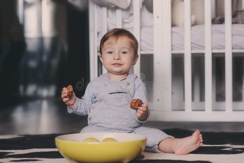 Bebê feliz bonito que come cookies em casa e que joga com a placa dos limões Captação interna do estilo de vida fotografia de stock royalty free Bebê feliz bonito que come cookies em casa e que joga com a placa dos limões Captação interna do estilo de vida fotografia de stock royalty free