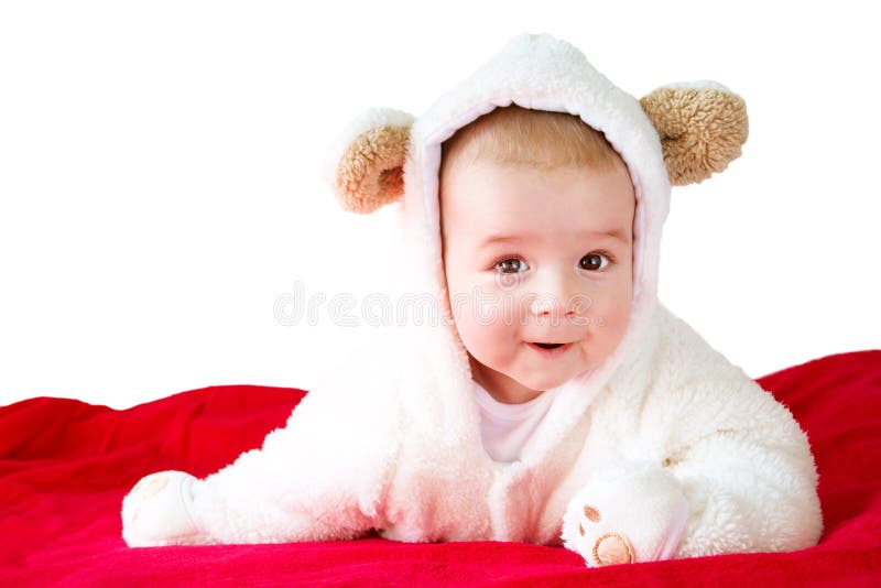 Bebê no traje do urso branco fotos de stock royalty free Bebê no traje do urso branco fotos de stock royalty free