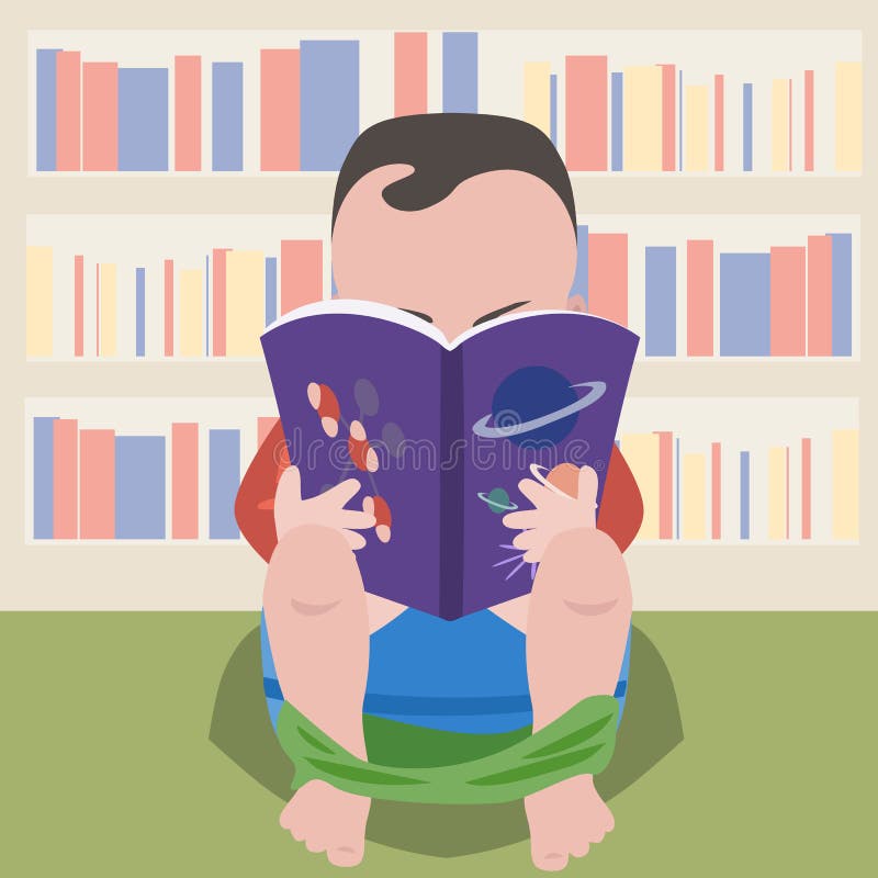 Bebê que senta-se no potenciômetro com livro científico ilustração royalty free Bebê que senta-se no potenciômetro com livro científico ilustração royalty free