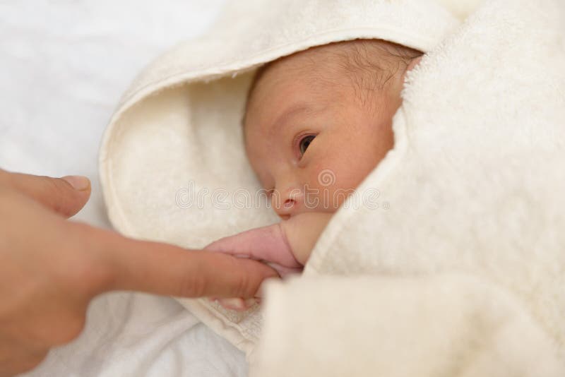 Bebê recém-nascido que guarda seu dedo do ` s da mãe fotos de stock Bebê recém-nascido que guarda seu dedo do ` s da mãe fotos de stock